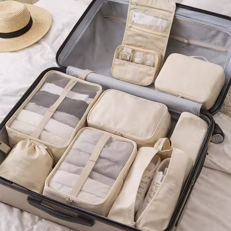 7–9 Pcs Travel Packing Cubes Set – Portable Luggage Organizer Bags for Clothes & Shoes (Foldable Suitcase Storage Set)